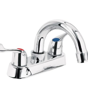 Mezcladora 4" para lavabo, cuello curvo, manerales palanca