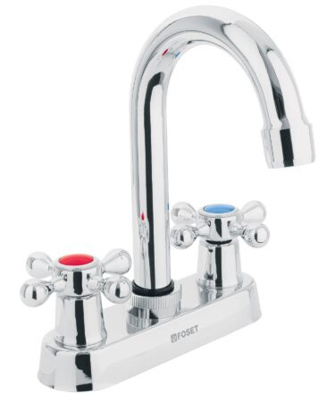 Mezcladora 4" para lavabo, cuello bar, manerales cruceta