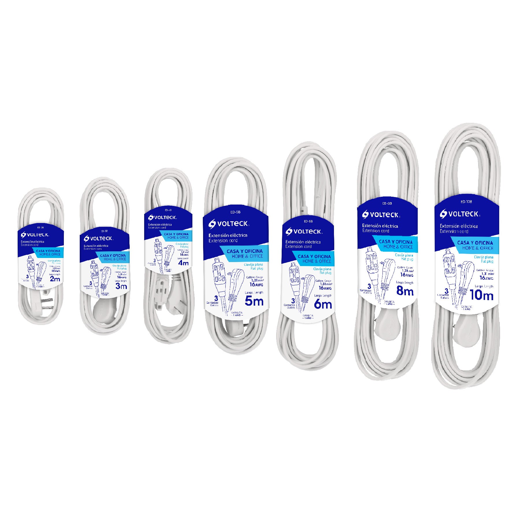 Extensiones eléctricas domésticas con clavija plana, blancas