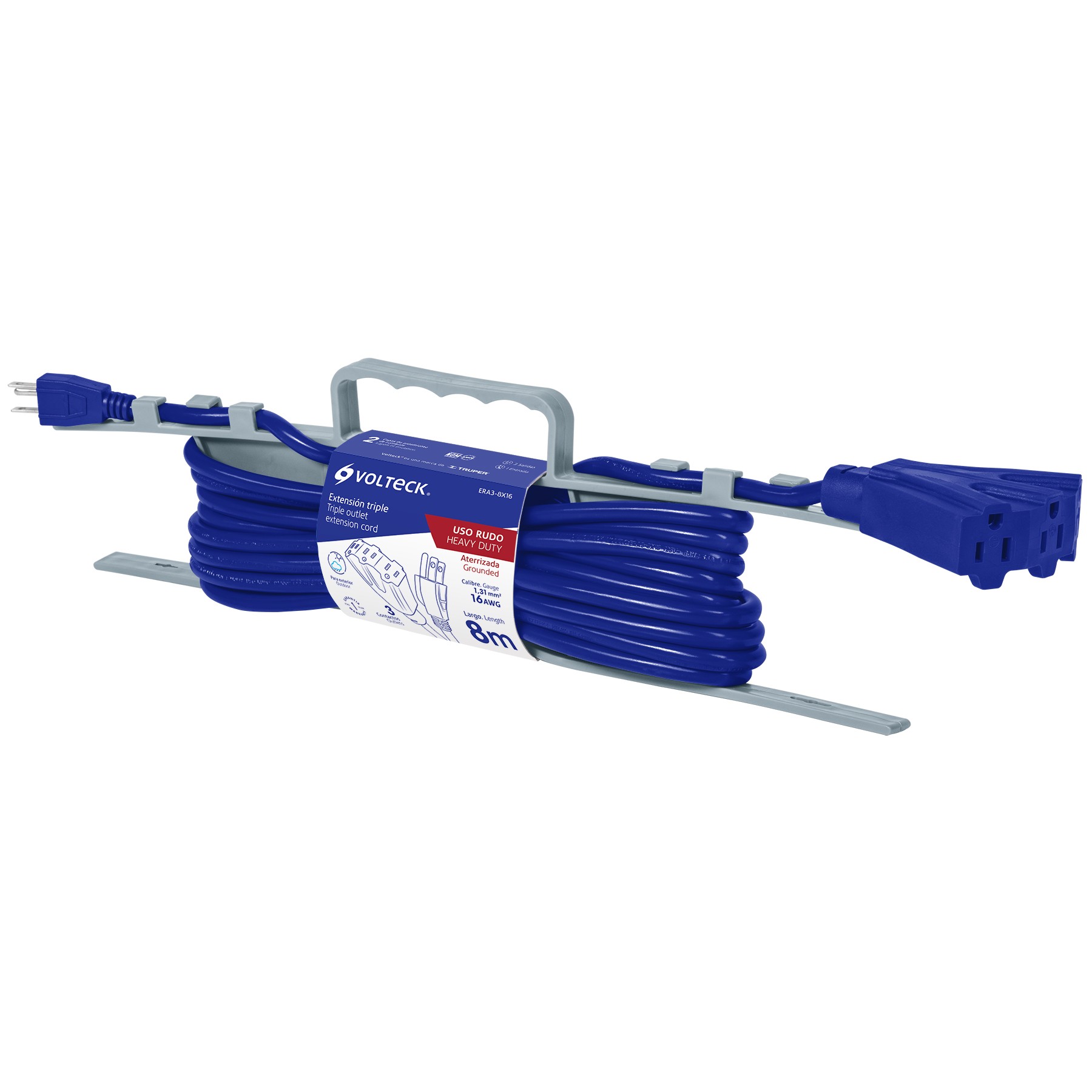 Extensión triple uso rudo 8 m tipo abanico 3x16 AWG, Volteck Codigo:48063